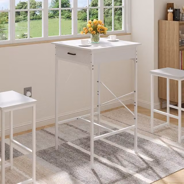 Livingandhome White Rustic Wood Bar Table with X-Frame Design
