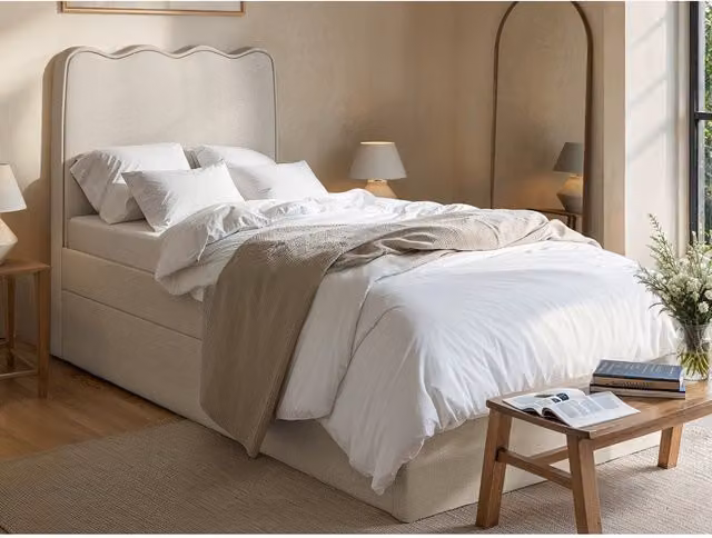 Flair Ellis Single Bed with Trundle in Beige Upholstered Fabric, W/D/H: 90 x 200 cm