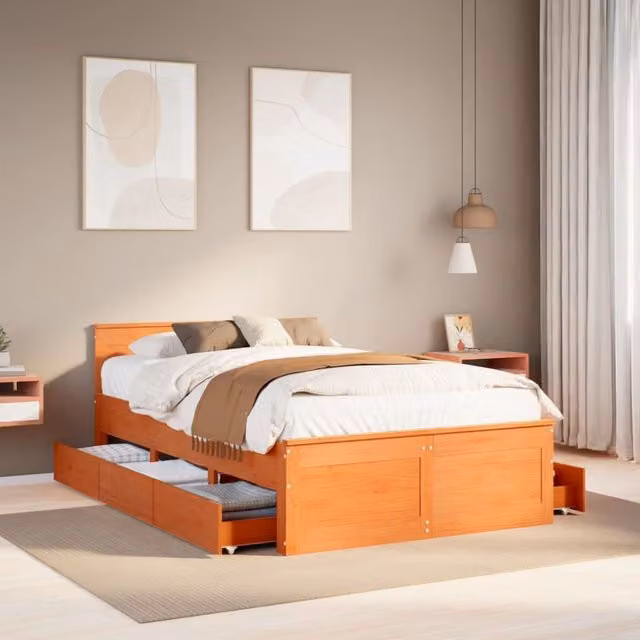 Berkfield Home Double Bed Frame with Headboard in Wax Brown Solid Pine Wood W/D/H: 135 x 190 cm