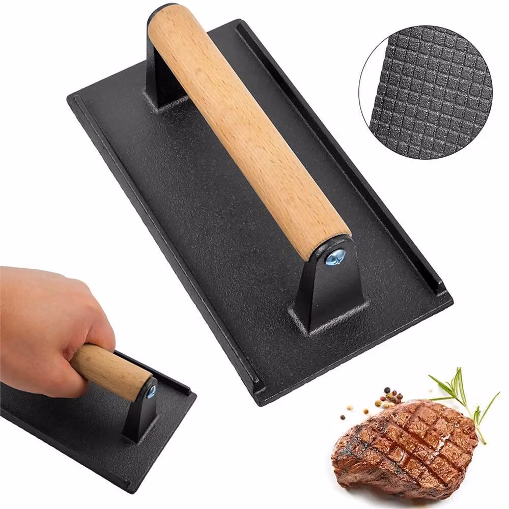 KORVIXA Cast Iron Grill Press with Wood Handle in Black, W/D/H: 15 x 15 x 10.5 cm – 5