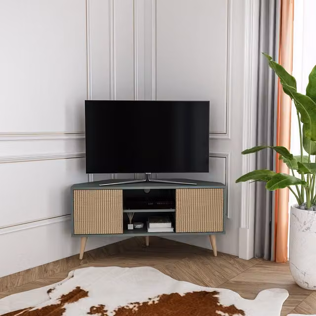 Decorotika Lesson Corner TV Unit in Green with Rattan and Wood Geometric Design