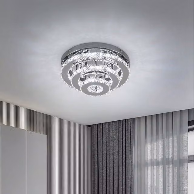 Komore Silver Recessed LED Ceiling Light with Multi-layered Transparent Crystal Ring