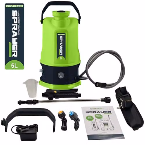 Pro-Kleen Cordless Battery Powered Knapsack Sprayer, 5L Green and Black Backpack Sprayer with 12V Rechargeable Battery, 80 PSI, 2 Nozzles and 38.1 inch Telescopic Wand for Garden and Lawn Care – 6