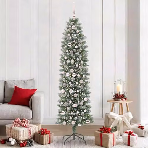 vidaXL Artificial Slim Christmas Tree in Green and White, Height: 210 cm – 2