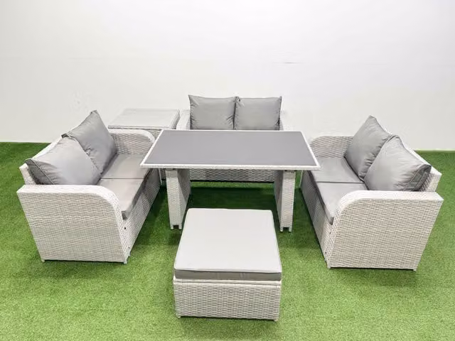 Fimous 7 Seater Rattan Garden Furniture Set with Side Table and Large Stool in Light Grey