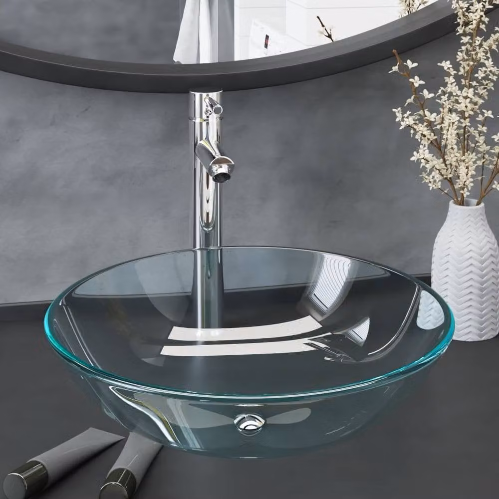 Berkfield Home Round Clear Tempered Glass Bathroom Sink with Tap and Push Drain – 1