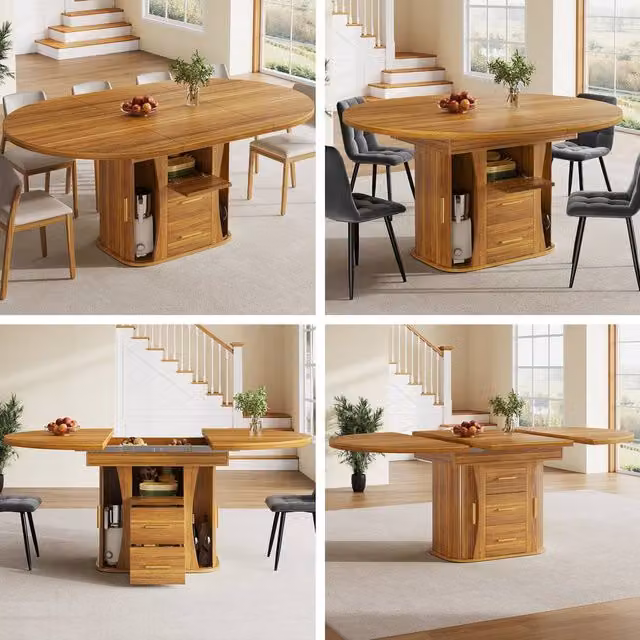 Matteo Walnut Extendable Dining Table, Round to Oval, Brown, Seats 6
