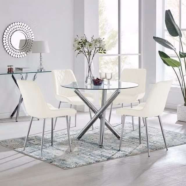 FurnitureboxUK Selina Round Glass Dining Table with Four Pesaro Silver Leg Chairs in Beige and White