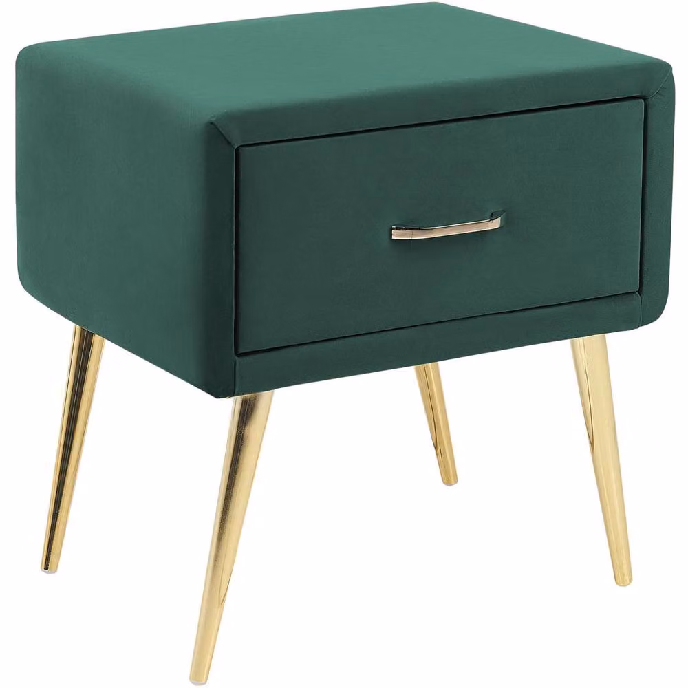 Wyld and Coco Emerald Green Velvet Bedside Table with 1 Drawer and Gold-Toned Legs – 2