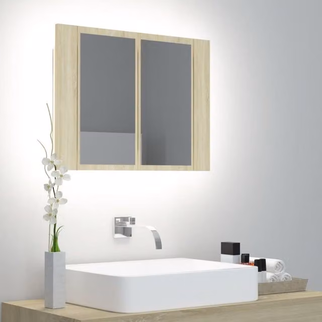 Berkfield Home LED Bathroom Mirror Cabinet in Sonoma Oak Brown, W/D/H: 60 x 12 x 45 cm