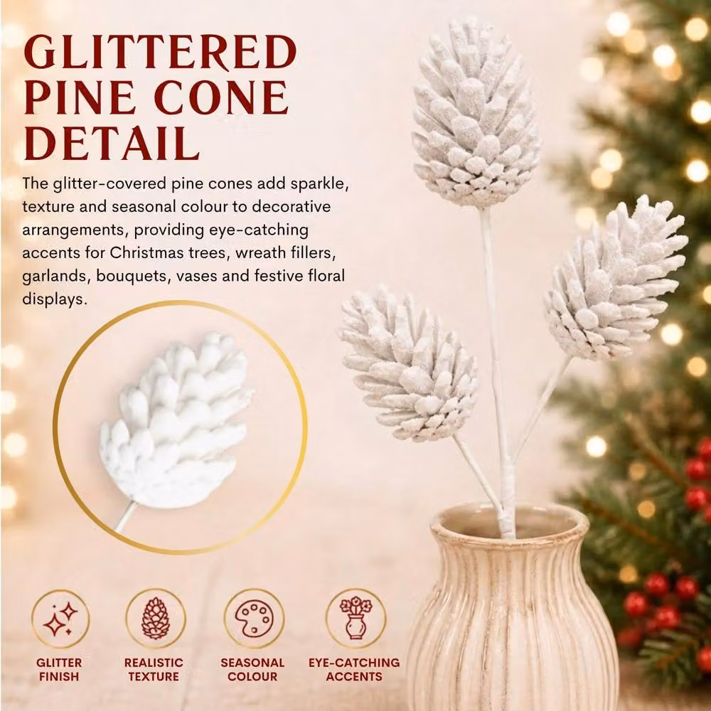 Shatchi Glitter White Pine Cone Christmas Picks, 6 Pack, Height: 58 cm – 3