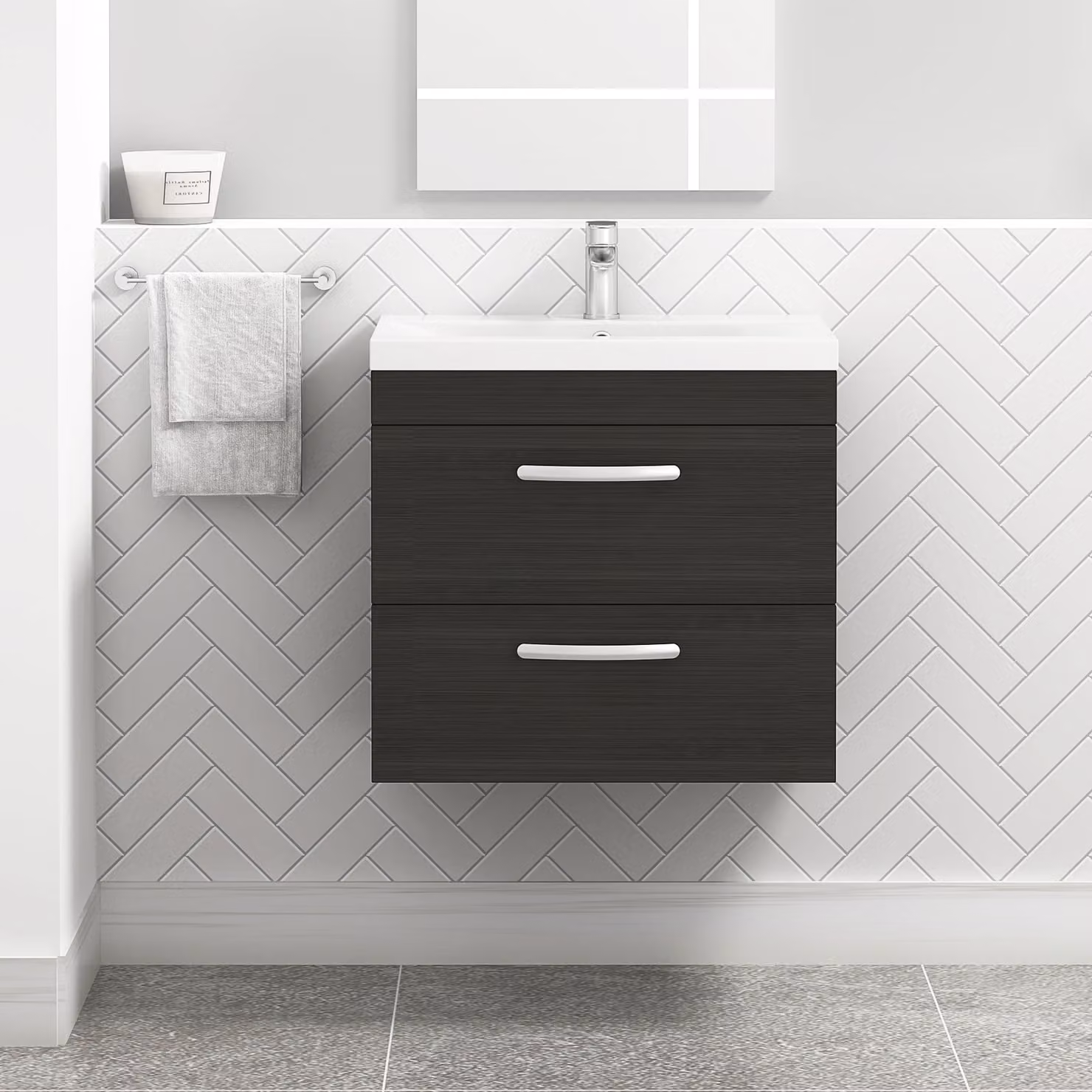 Royal Bathrooms Turin Wall Hung Vanity Unit in Charcoal Oak with 2 Drawers and Mid-Edge Sink Unit, Width: 60 cm