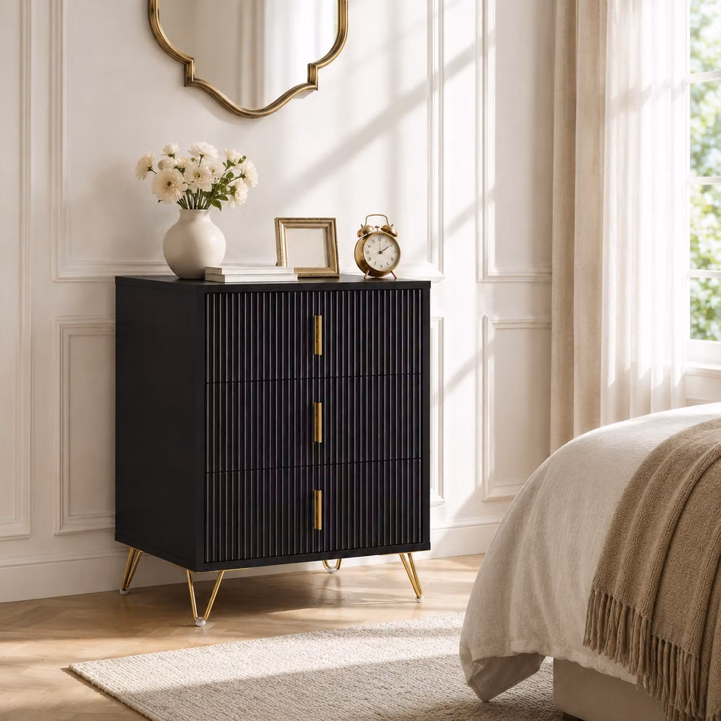 HOMCOM Modern 3-Drawer Fluted Dresser with Metal Legs and Steel Handles in Black and Gold – 2