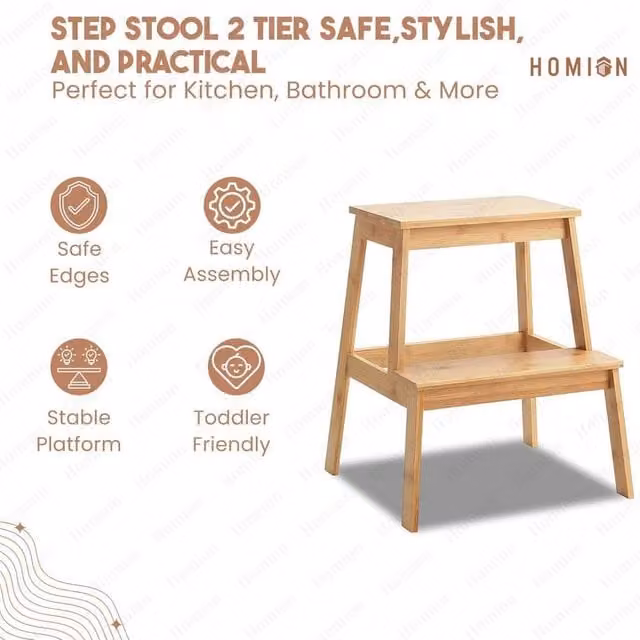 FLAVORA 2-Step Bamboo Wooden Kitchen Stool in Brown