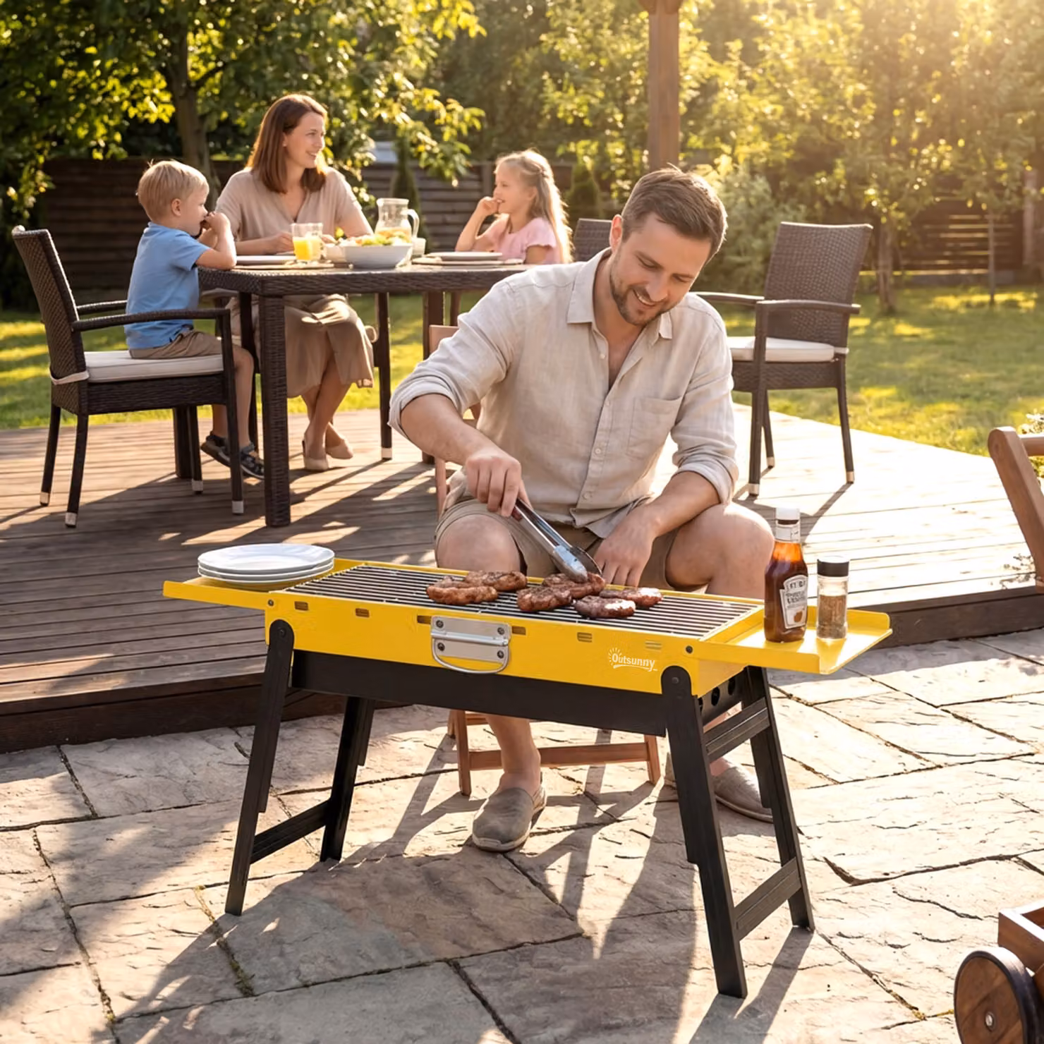 Outsunny Portable Charcoal BBQ Grill in Yellow with 2 Side Shelves and Handle – 7