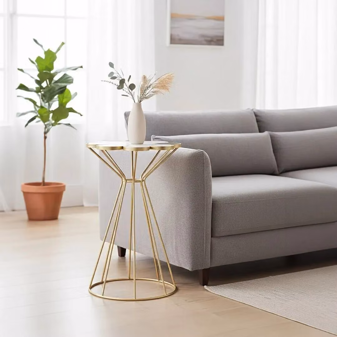 Orsina Modern Flower Shaped Petal End Table with Gold Hourglass Frame in Black, White and Gold – 4
