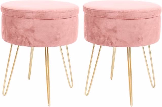 Harbour Housewares Pack of 2 Round Velvet Storage Footstools in Pink with Gold Legs, H45 x D36 cm