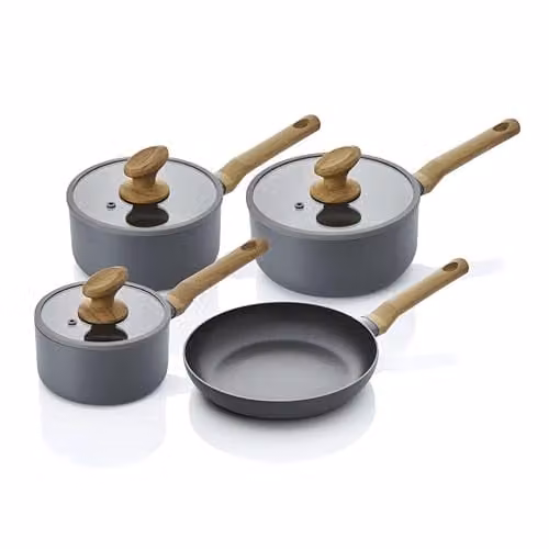 Swan Nordic 4-Piece Ceramic Pan Set in Grey with Aluminium and Glass Lids
