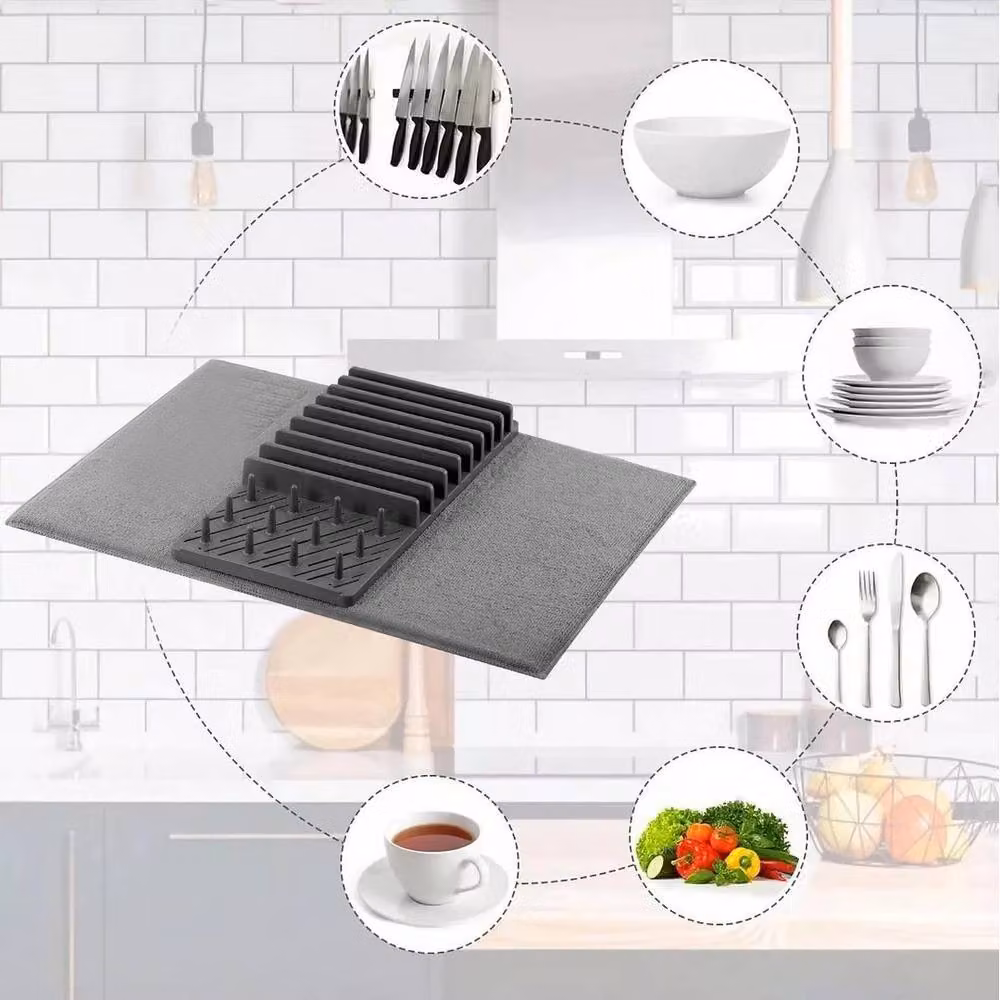 Kelvenix Grey Microfibre Dish Drying Mat with Dish Drainer, W: 50 cm, D: 38 cm – 4