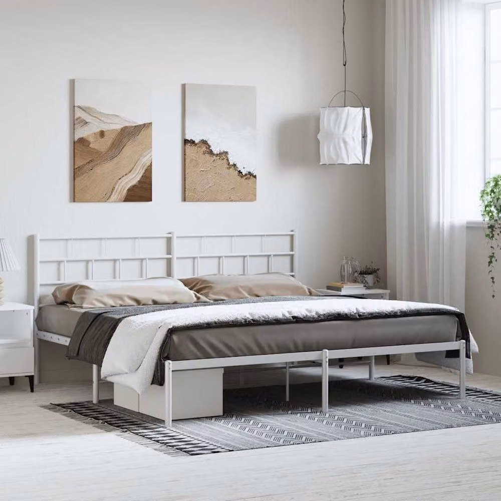 Berkfield Home Metal Bed Frame with Headboard, White, W: 193 cm, D: 203 cm – 2