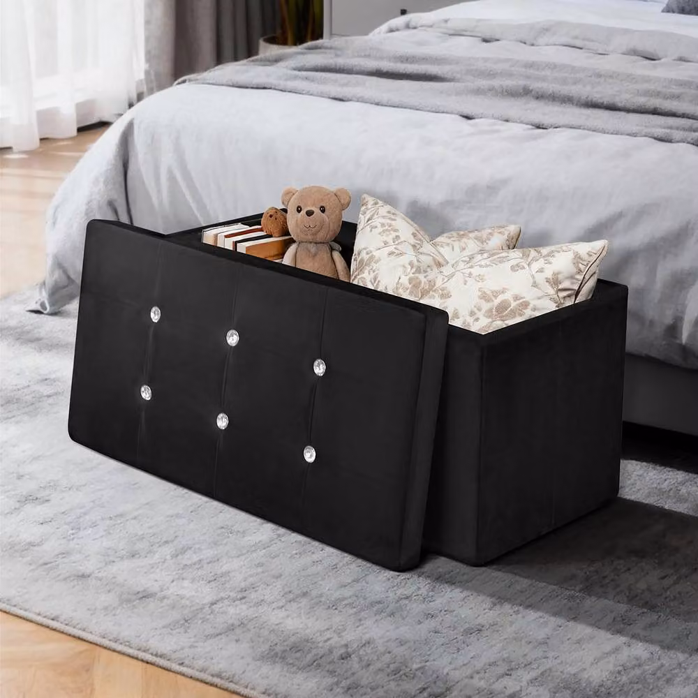 Simpa Large Fold Flat Black Brushed Velvet Ottoman Storage with Comfortable Cushion, L 76 cm x W 38 cm x H 37 cm – 6