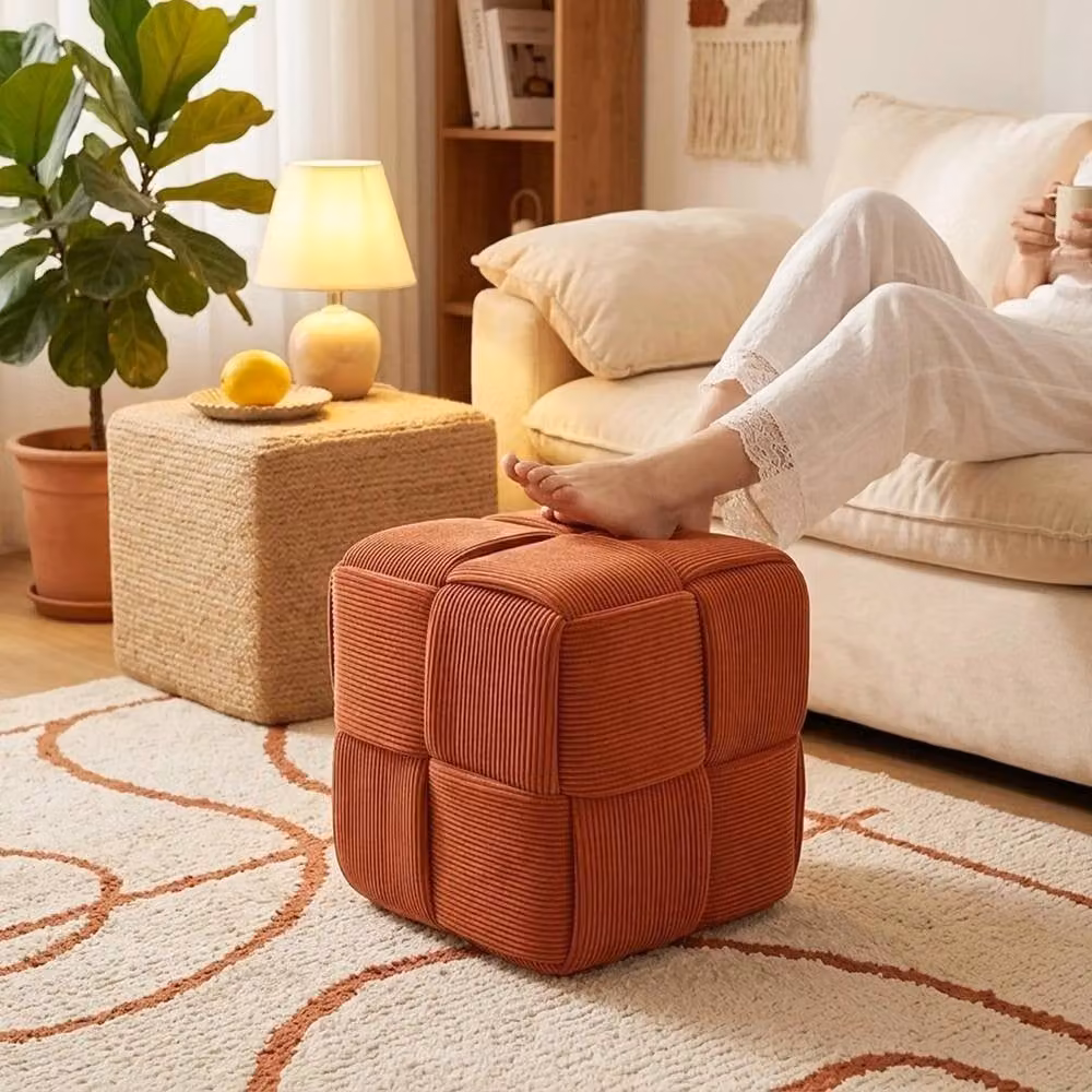 FLAVORA Orange Corduroy Square Ottoman Soft Stool, W/D/H: 100 x 100 x 100 cm – 4