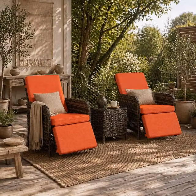 Wyld Haus Haridi 3 Piece Rattan Bistro Set in Mixed Brown with Orange Cushions