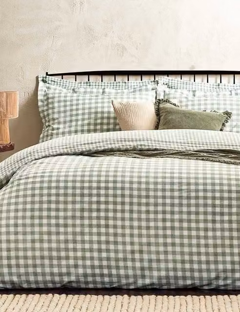 YARD Barton Gingham Checked Cotton Percale Bedding Set, Dark Green, 200 x 200 cm