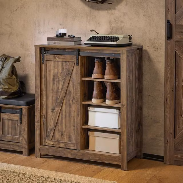 SoBuy Multifunctional Rustic Dark Brown Entrance Cabinet with Sliding Barn Doors and Internal Drawers – 1