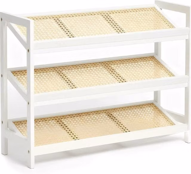 Keplin 3-Tier Bamboo and Rattan Shoe Organiser Rack in White, W/D/H: 54 x 29 x 70 cm – 1