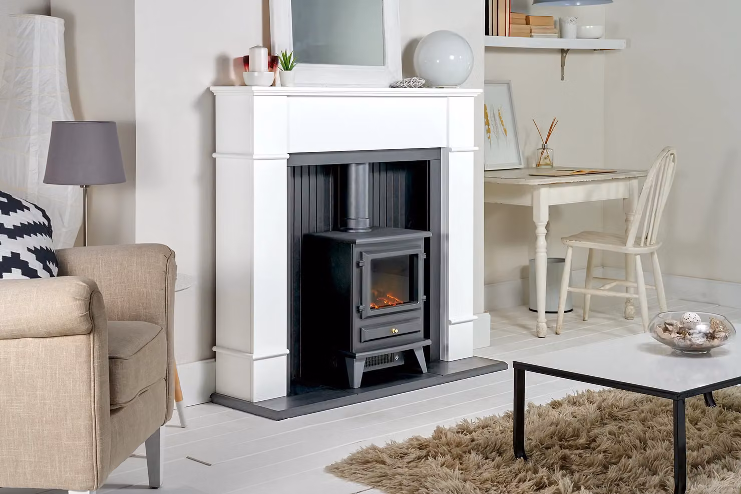 Adam Fires & Fireplaces Oxford Stove Fireplace in Pure White with Hudson Electric Stove in Black, 48 Inch – 2