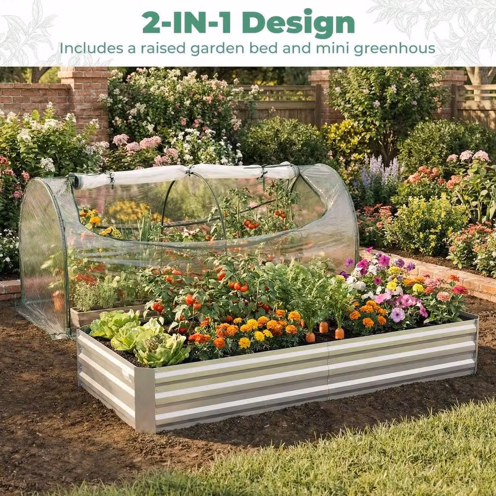 SPETLEK Silver Outdoor Rectangular Raised Flower Growing Box Kit, W/D/H: 202 x 101 x 81 cm – 3