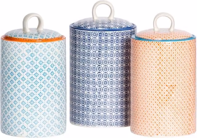 Nicola Spring Multicolour Floral Hand-Printed Ceramic Kitchen Canister Set, Height: 11.5 cm