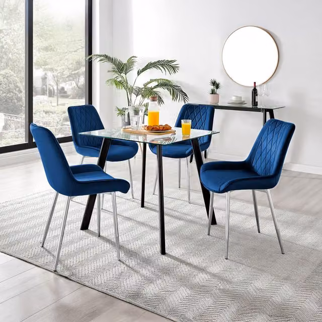 FurnitureboxUK Seattle Square Glass Dining Table with 4 Pesaro Silver Upholstered Chairs in Navy Blue