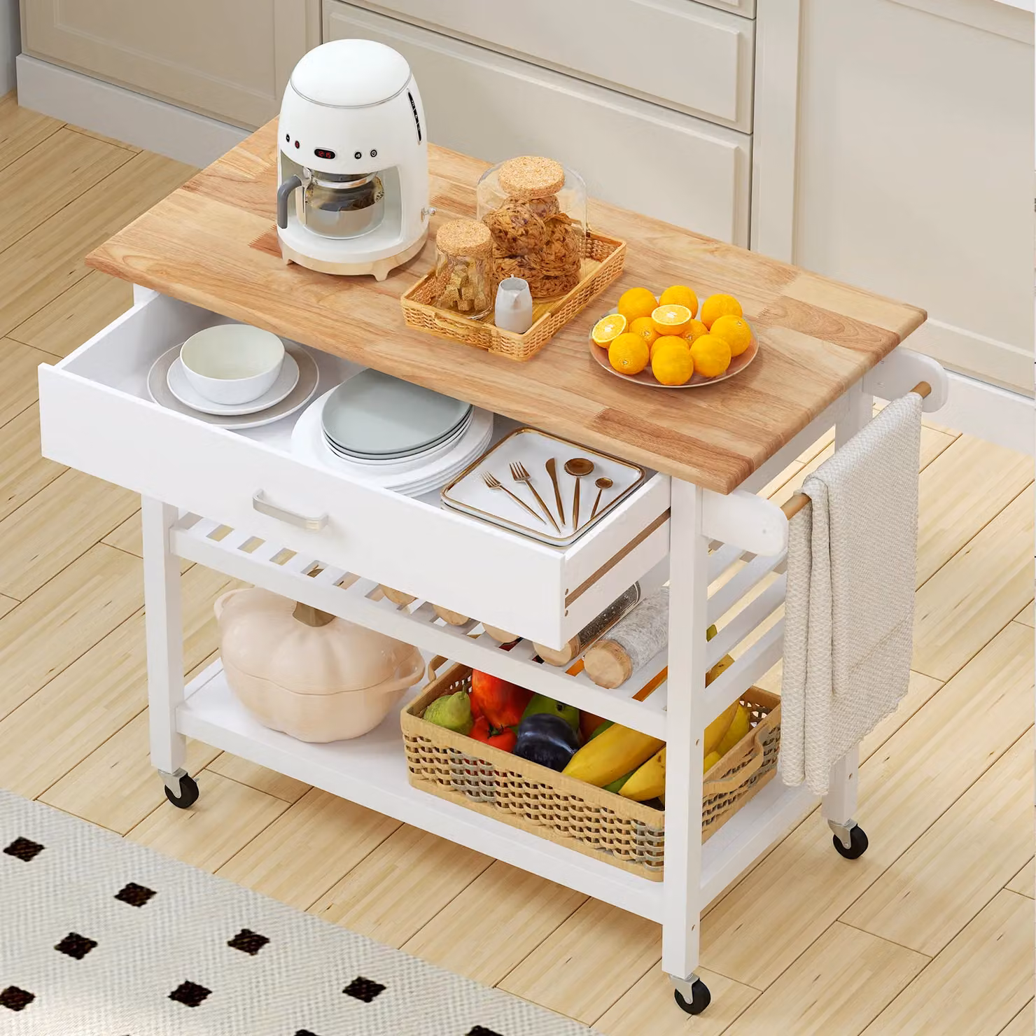 Costway 3-Tier Rolling Kitchen Island Utility Cart with Wood Countertop in White – 2