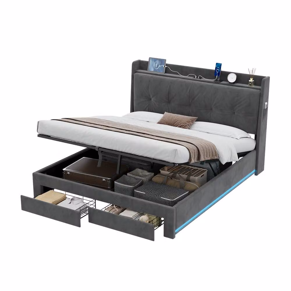 Merax Grey Velvet King Size Ottoman Storage Bed Frame with LED Lighting and USB Charging Port, W/D/H: 150 x 200 x 111 cm – 6