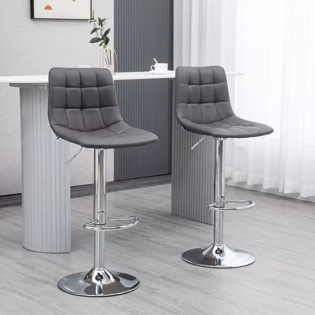 HOMCOM Set of 2 Adjustable Modern Barstools in Grey and Silver Synthetic Leather with Metal Frame