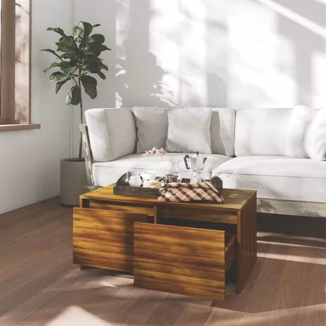 Berkfield Home Modern Rectangular Coffee Table in Brown Oak, W: 90 cm, D: 50 cm, H: 41.5 cm – 1