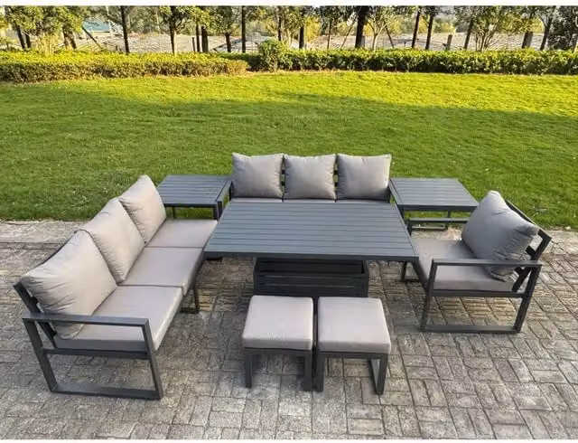 Fimous 9-Seater Aluminium Sofa Dining Set with Height-Adjustable Lifting Table and 2 Side Tables in Dark Grey