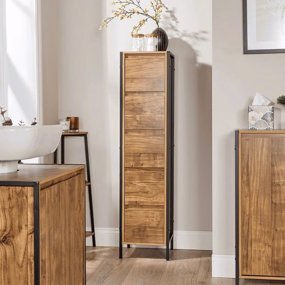 FORGEVIO Brown Bathroom Cabinet Storage Tall Floor Unit with 5 Drawers and Metal Frame – 2