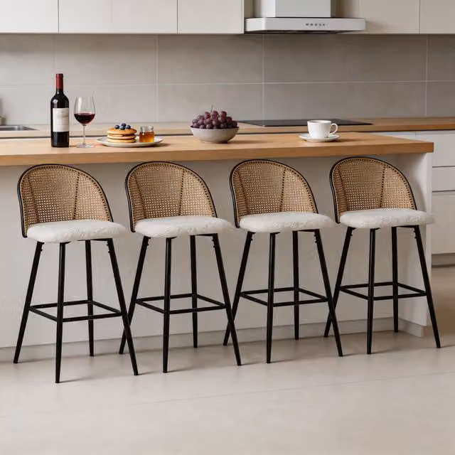 Furniture One Modern Padded Bar Stools with Rattan Back in White