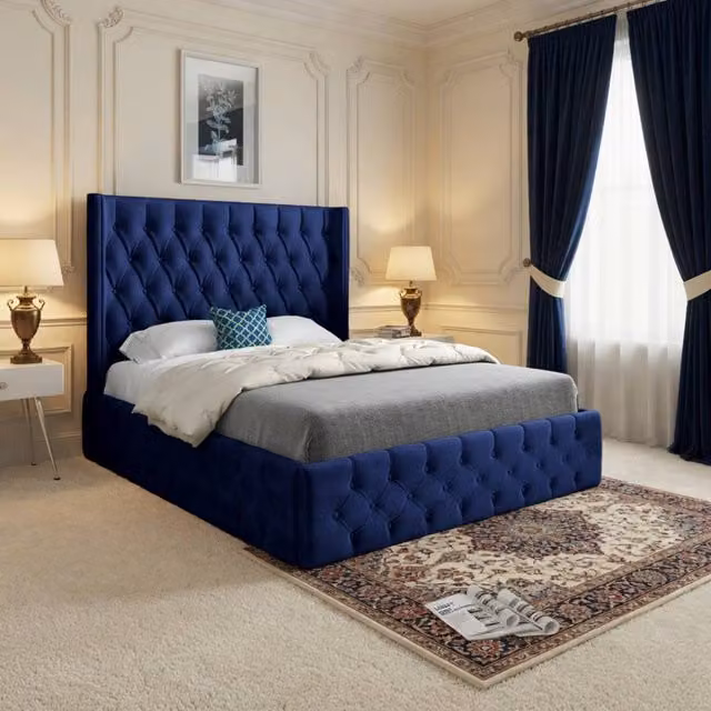 KDMD Vange Winged Upholstered Blue Soft Velvet Designer Bed Frame, W/D/H: 120 x 200 cm