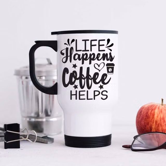 60 Second Makeover Life Happens Coffee Helps Metal Travel Mug in White – 1