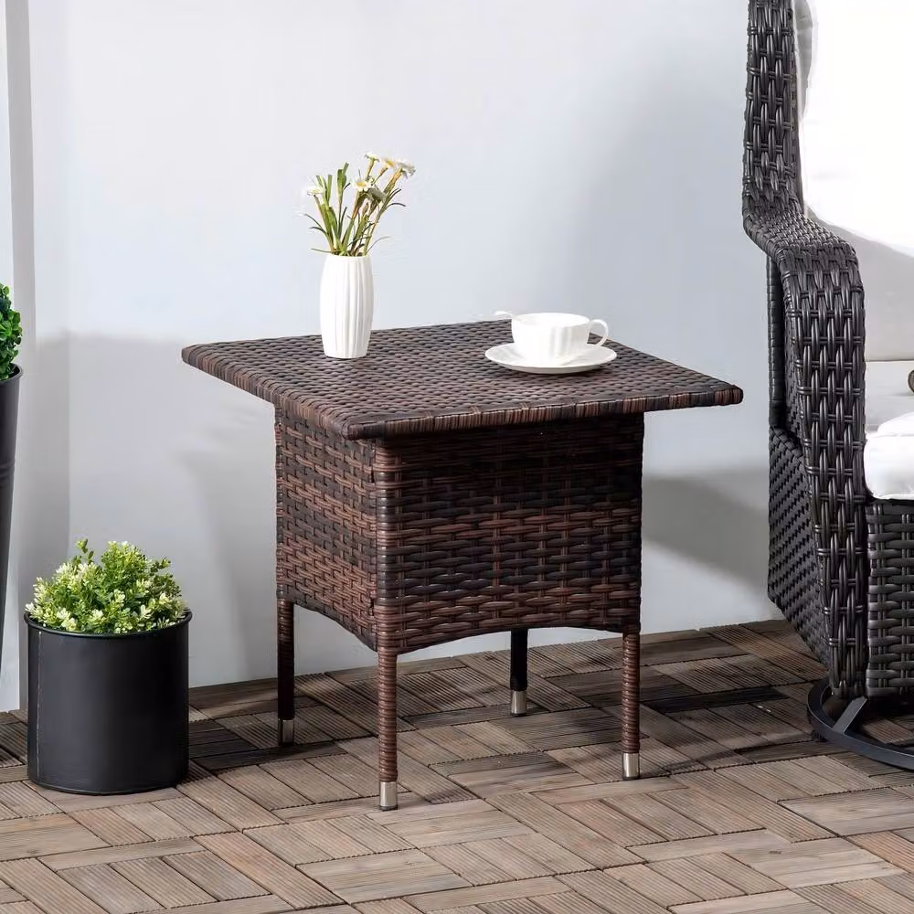 STILVORA Outdoor Side Table with Brown Rattan Finish and Metal Frame, Diameter: 50 cm – 2