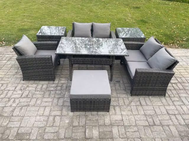 Fimous Wicker Rattan Garden Dining Set in Dark Grey with Double Sofa, Dining Table, Two Side Tables and Footstool