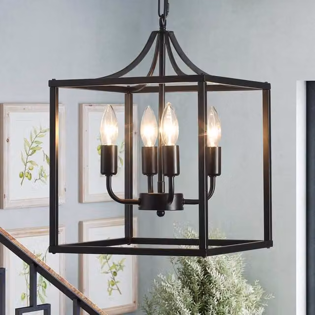 Garwarm Industrial Lantern Style Hanging Pendant Ceiling Light in Black