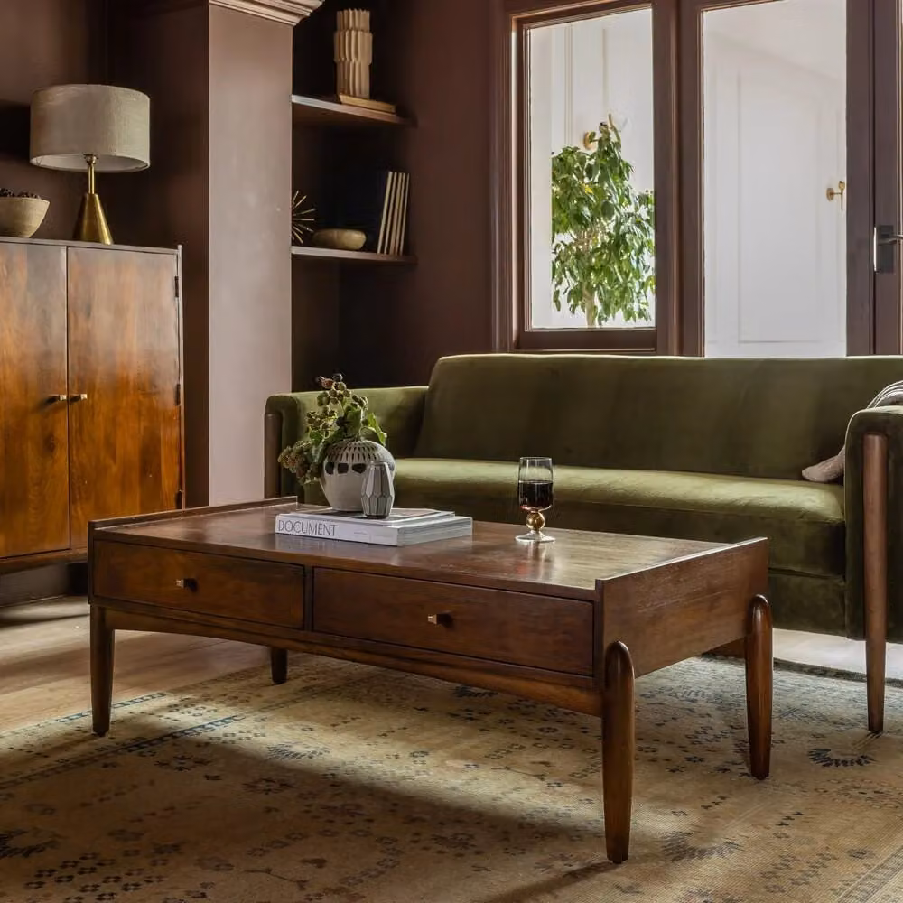 Atkin & Thyme Quinn Mid-Century Mango Wood Coffee Table with Storage in Brown