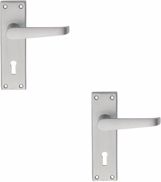 Loops 2x Pair Straight Victorian Handle on Lock Backplate in Satin Chrome, W: 150 mm, H: 43 mm