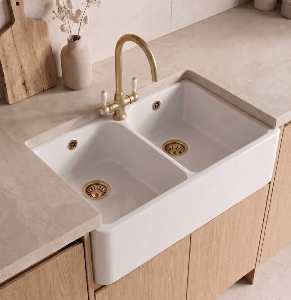 Balterley White Ceramic 2 Bowl Full Weir Butler Sink with Brushed Brass Wastes and Tap, W: 795 mm – 2