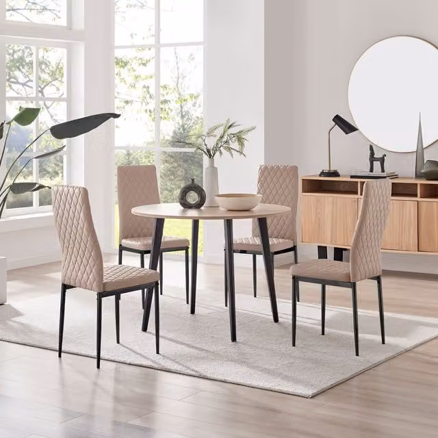 FurnitureboxUK Koko Oak Effect Round Dining Table and 4 Milan Black Leg Dining Chairs in Cappuccino
